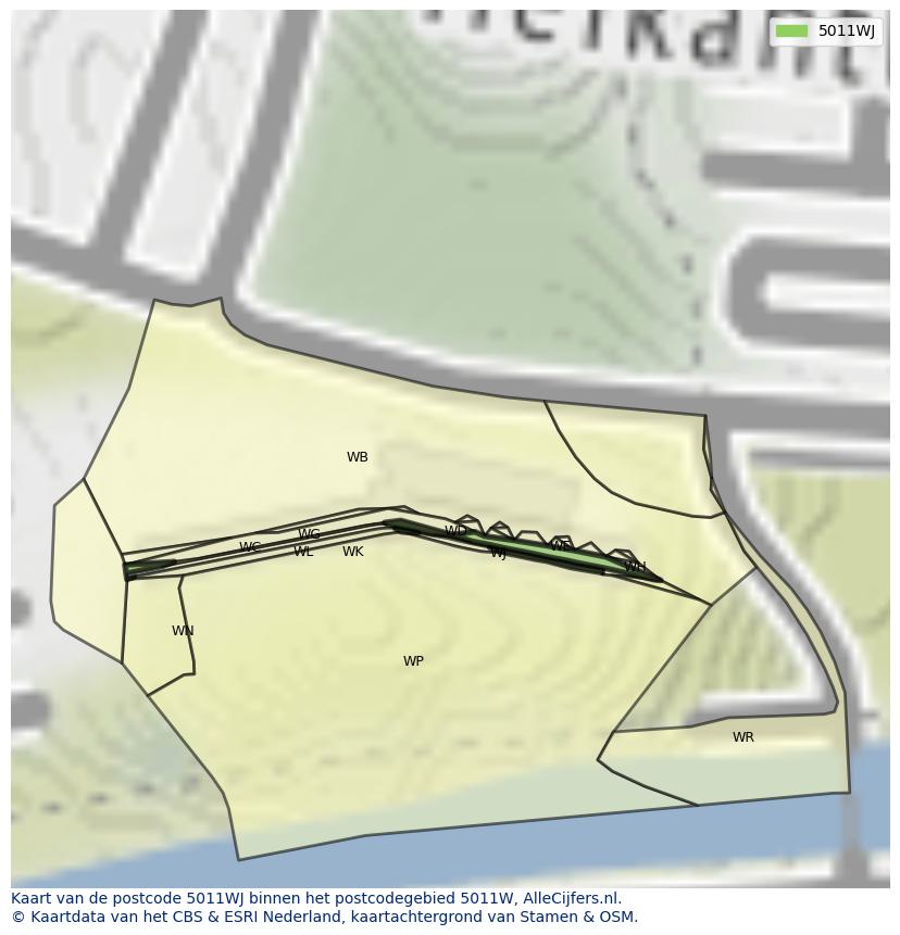 Afbeelding van het postcodegebied 5011 WJ op de kaart.