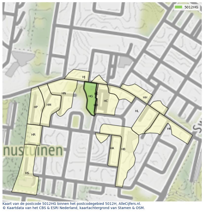 Afbeelding van het postcodegebied 5012 HG op de kaart.