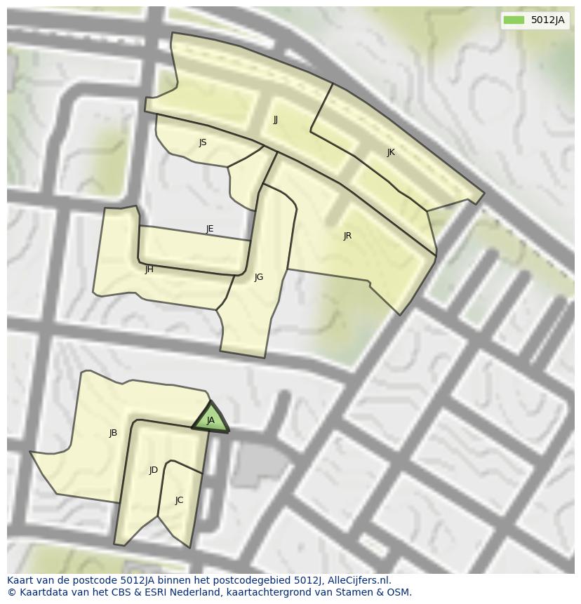 Afbeelding van het postcodegebied 5012 JA op de kaart.