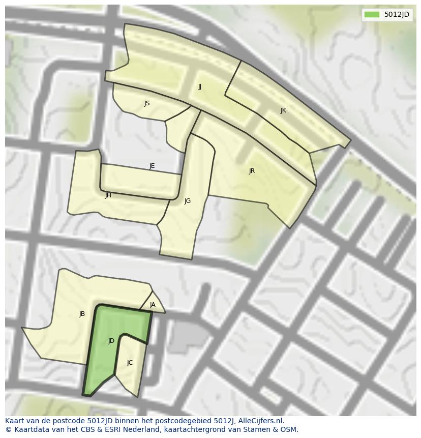Afbeelding van het postcodegebied 5012 JD op de kaart.