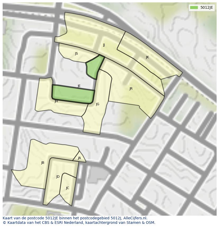 Afbeelding van het postcodegebied 5012 JE op de kaart.
