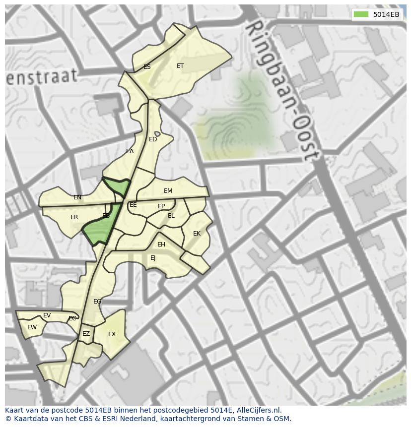Afbeelding van het postcodegebied 5014 EB op de kaart.