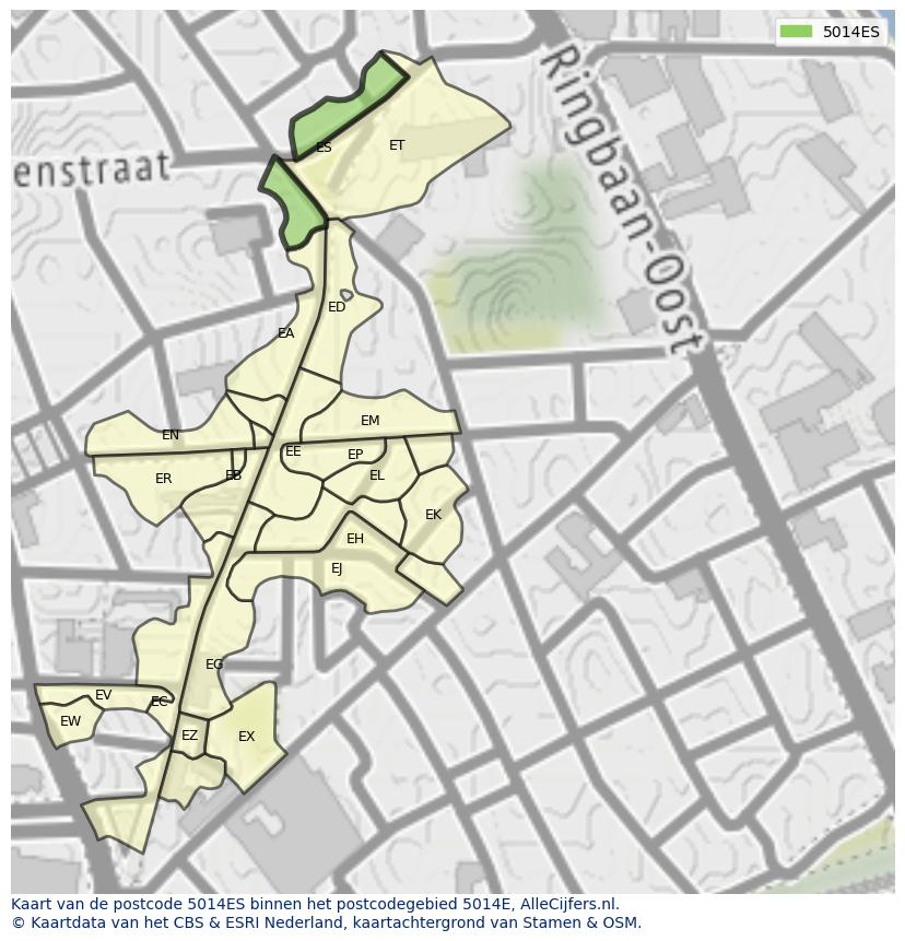 Afbeelding van het postcodegebied 5014 ES op de kaart.