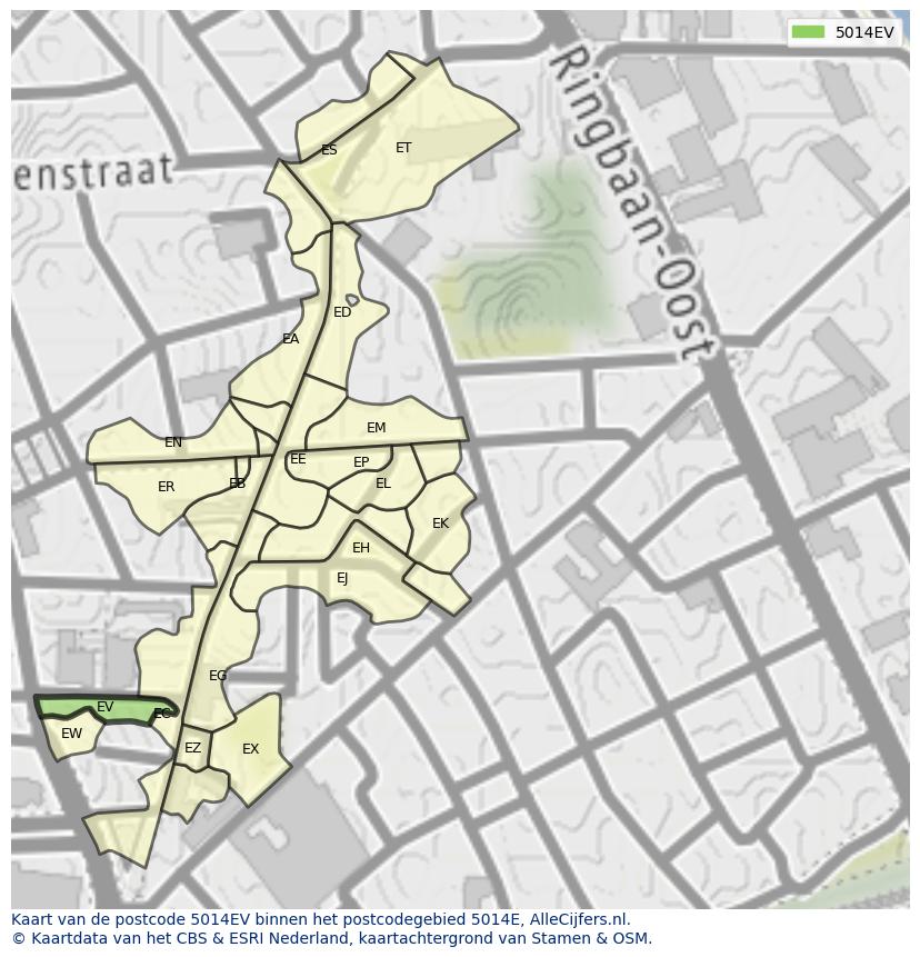 Afbeelding van het postcodegebied 5014 EV op de kaart.