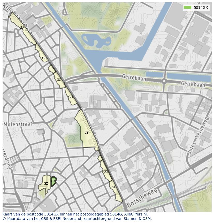 Afbeelding van het postcodegebied 5014 GX op de kaart.