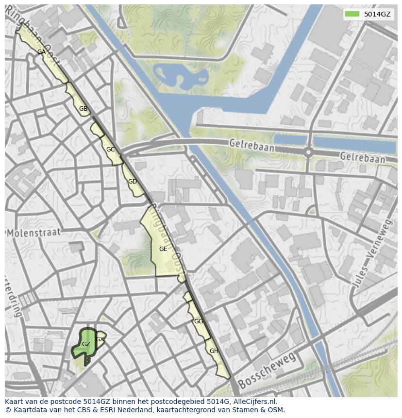 Afbeelding van het postcodegebied 5014 GZ op de kaart.