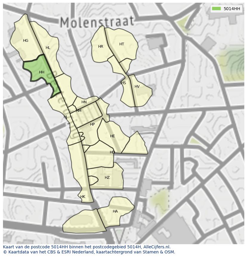 Afbeelding van het postcodegebied 5014 HH op de kaart.