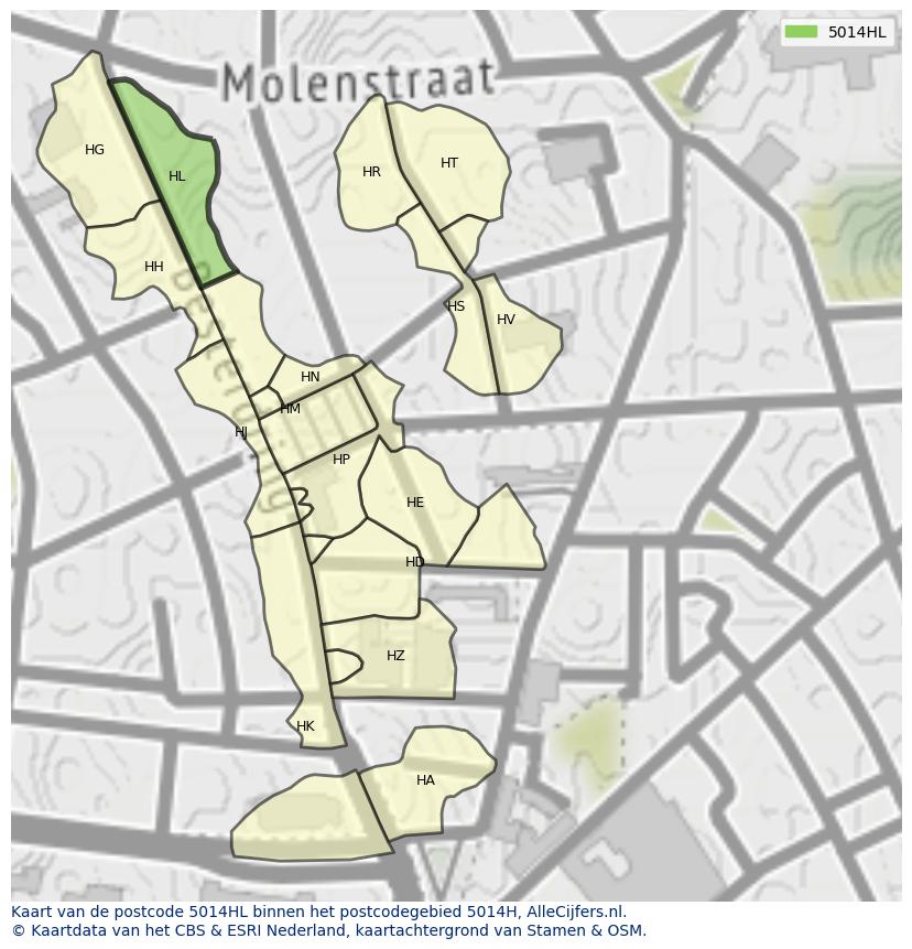 Afbeelding van het postcodegebied 5014 HL op de kaart.