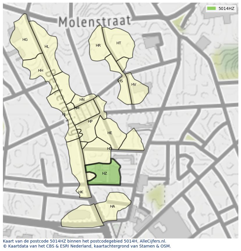 Afbeelding van het postcodegebied 5014 HZ op de kaart.
