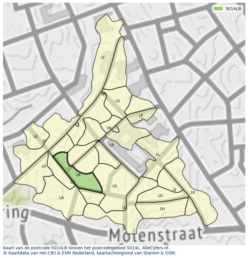 Afbeelding van het postcodegebied 5014 LB op de kaart.