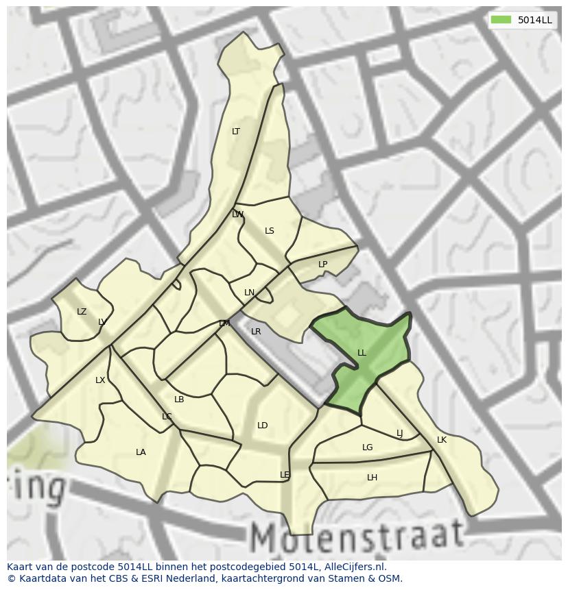 Afbeelding van het postcodegebied 5014 LL op de kaart.