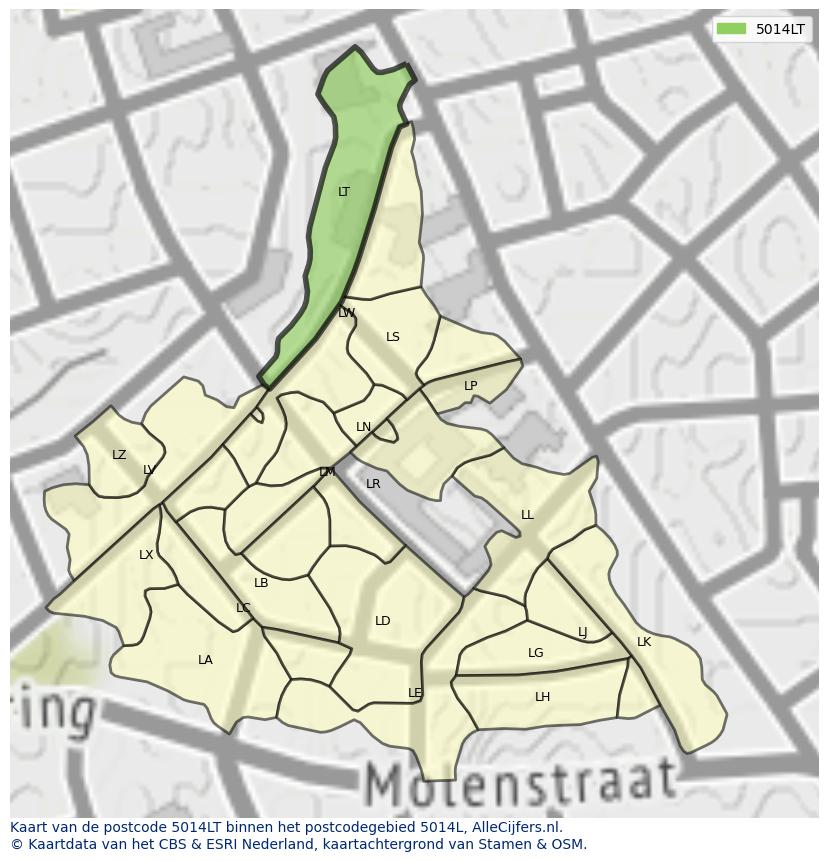 Afbeelding van het postcodegebied 5014 LT op de kaart.