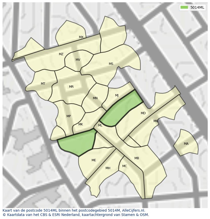 Afbeelding van het postcodegebied 5014 ML op de kaart.