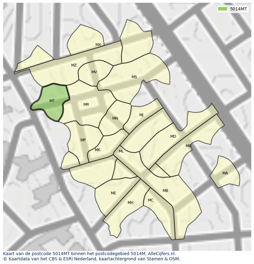 Afbeelding van het postcodegebied 5014 MT op de kaart.
