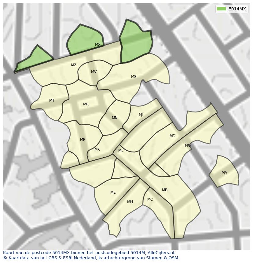 Afbeelding van het postcodegebied 5014 MX op de kaart.