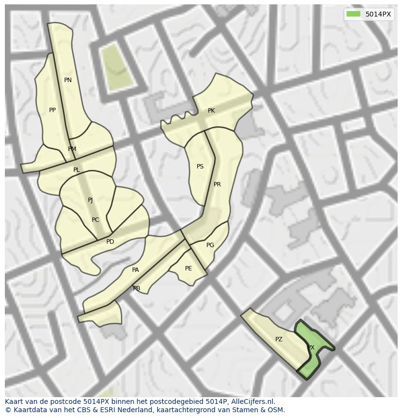Afbeelding van het postcodegebied 5014 PX op de kaart.