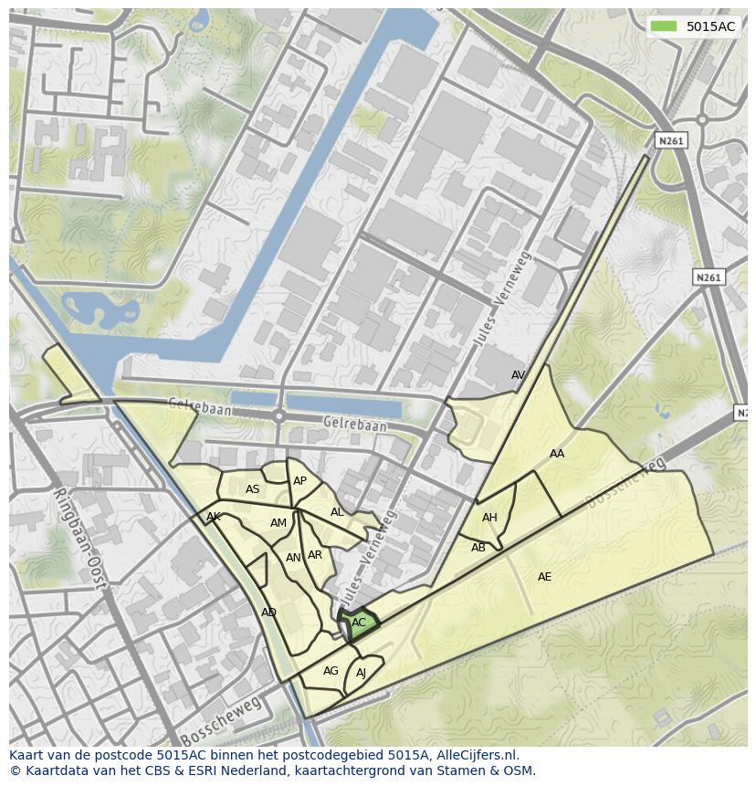 Afbeelding van het postcodegebied 5015 AC op de kaart.