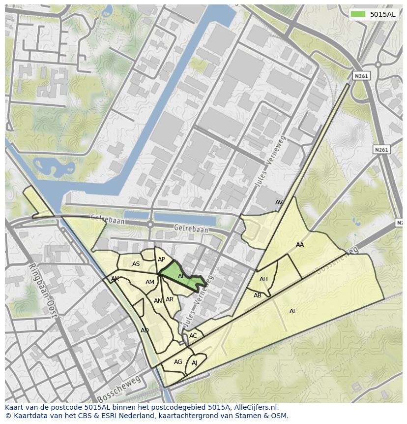Afbeelding van het postcodegebied 5015 AL op de kaart.
