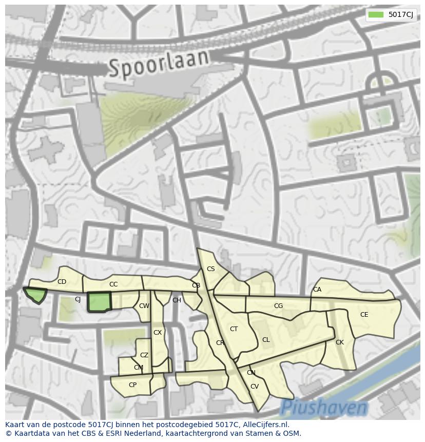 Afbeelding van het postcodegebied 5017 CJ op de kaart.