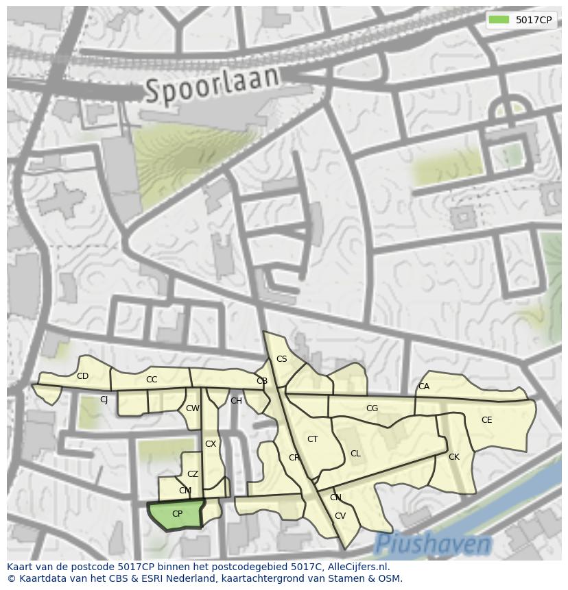 Afbeelding van het postcodegebied 5017 CP op de kaart.