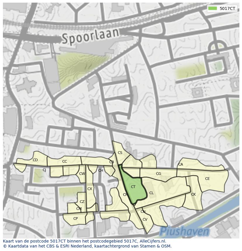 Afbeelding van het postcodegebied 5017 CT op de kaart.