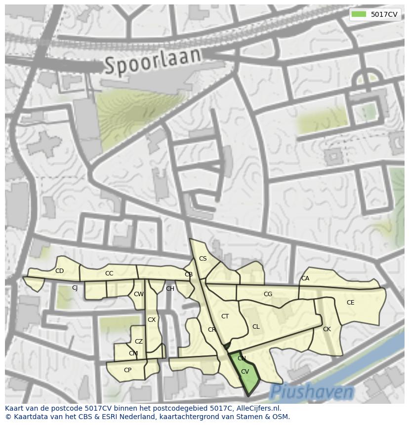 Afbeelding van het postcodegebied 5017 CV op de kaart.