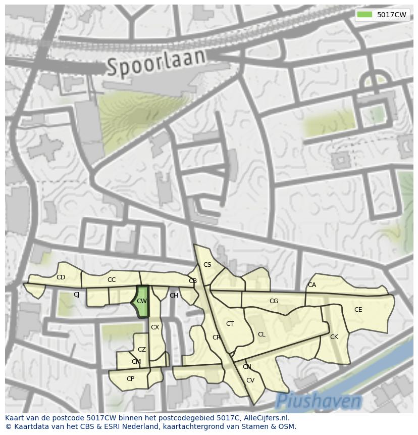 Afbeelding van het postcodegebied 5017 CW op de kaart.