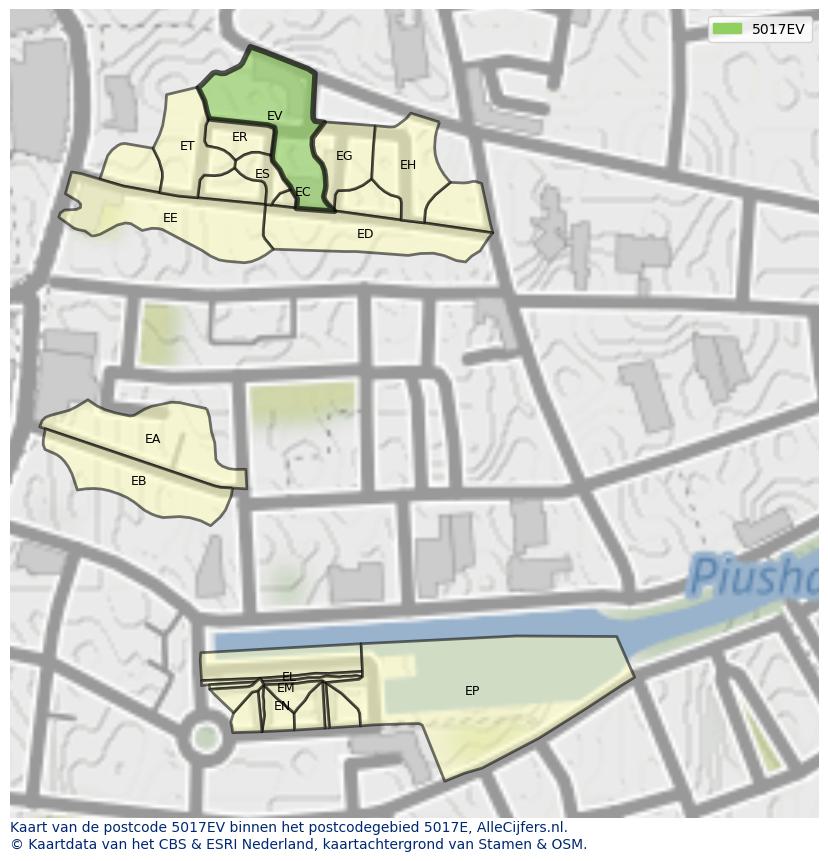 Afbeelding van het postcodegebied 5017 EV op de kaart.
