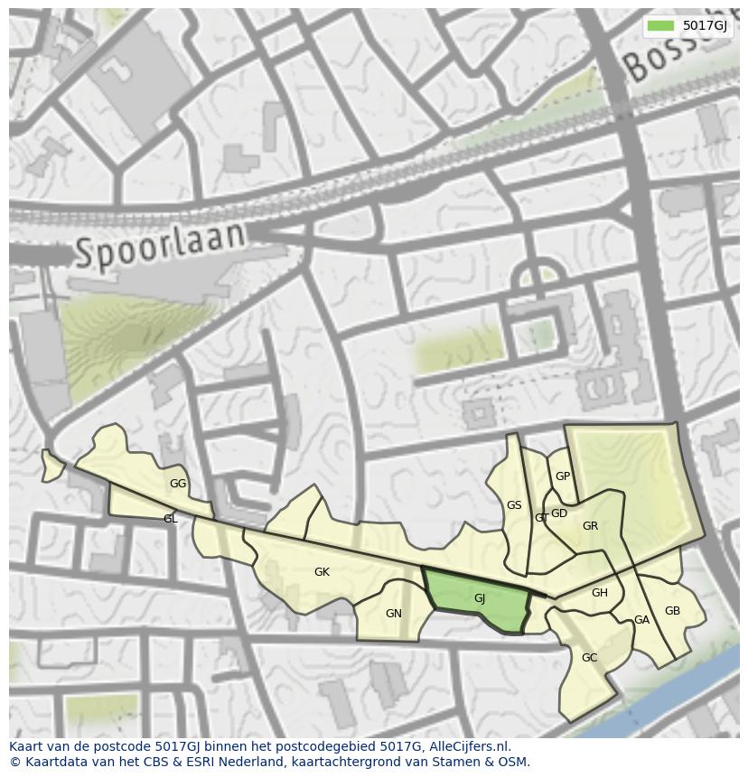 Afbeelding van het postcodegebied 5017 GJ op de kaart.