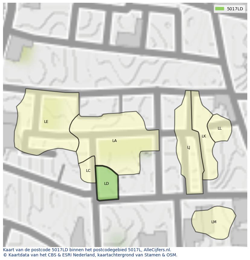 Afbeelding van het postcodegebied 5017 LD op de kaart.