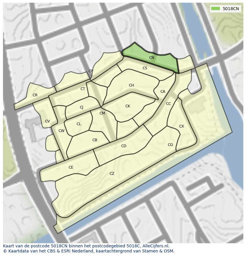 Afbeelding van het postcodegebied 5018 CN op de kaart.
