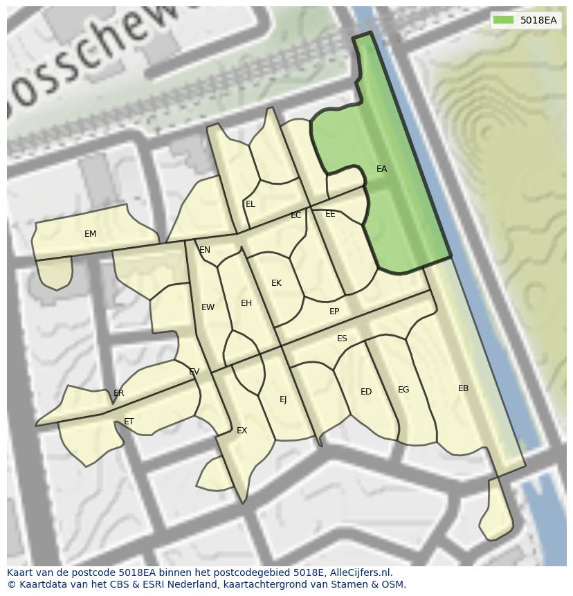 Afbeelding van het postcodegebied 5018 EA op de kaart.