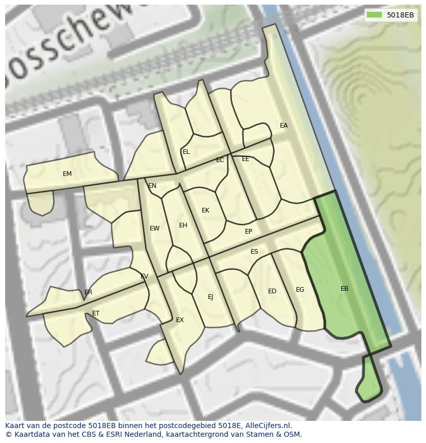 Afbeelding van het postcodegebied 5018 EB op de kaart.