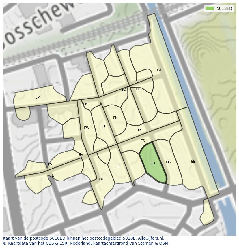 Afbeelding van het postcodegebied 5018 ED op de kaart.
