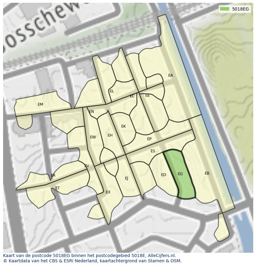 Afbeelding van het postcodegebied 5018 EG op de kaart.