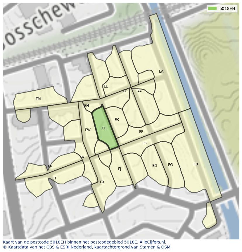 Afbeelding van het postcodegebied 5018 EH op de kaart.