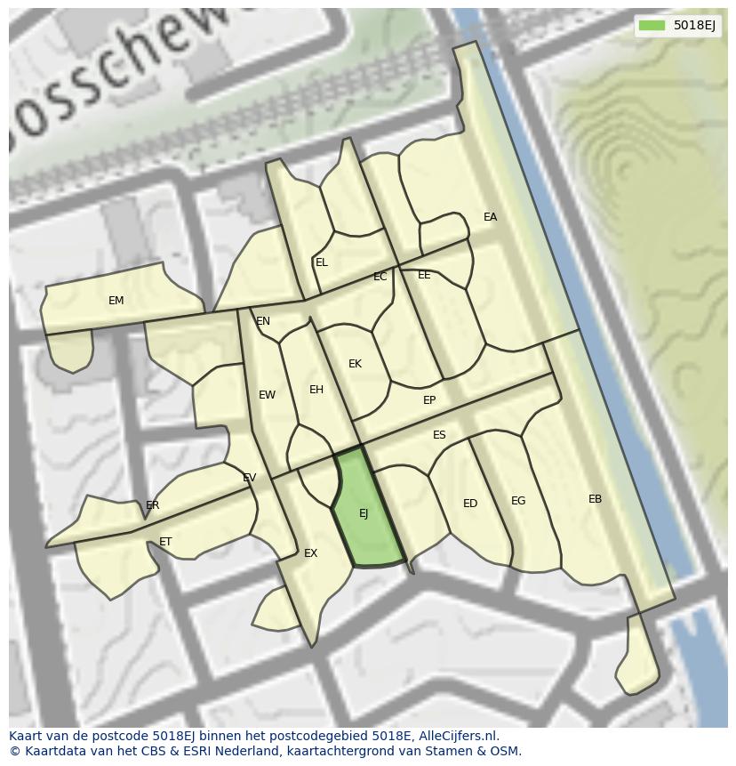 Afbeelding van het postcodegebied 5018 EJ op de kaart.