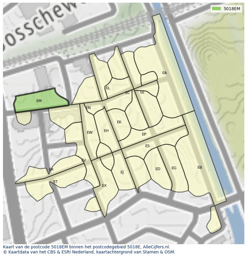 Afbeelding van het postcodegebied 5018 EM op de kaart.
