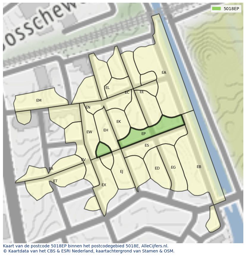 Afbeelding van het postcodegebied 5018 EP op de kaart.