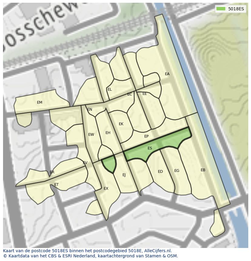 Afbeelding van het postcodegebied 5018 ES op de kaart.