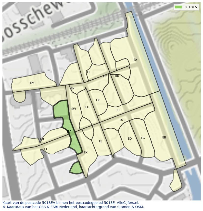 Afbeelding van het postcodegebied 5018 EV op de kaart.