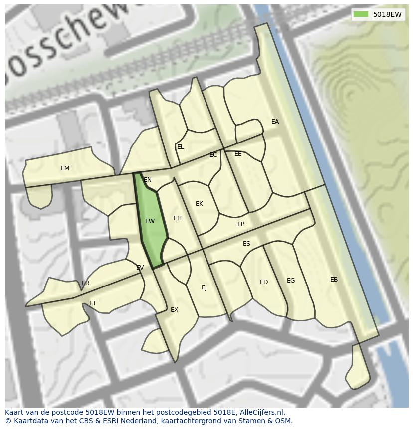 Afbeelding van het postcodegebied 5018 EW op de kaart.