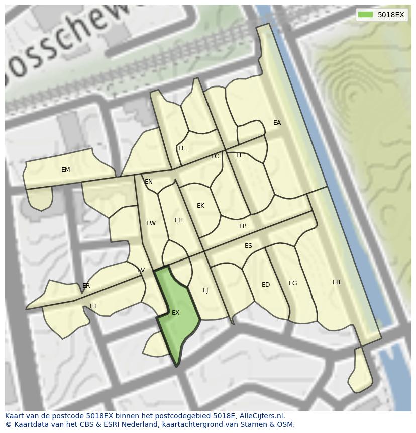 Afbeelding van het postcodegebied 5018 EX op de kaart.