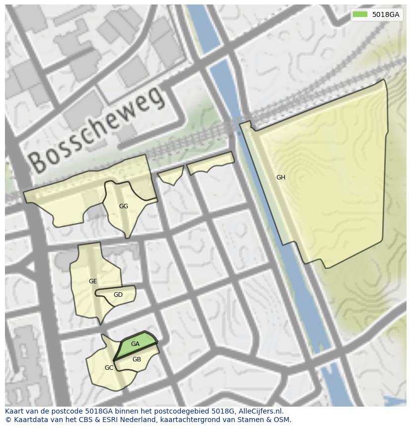 Afbeelding van het postcodegebied 5018 GA op de kaart.