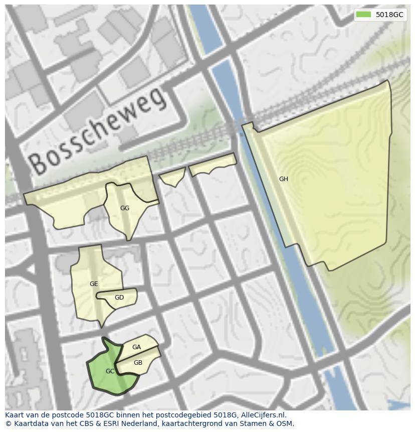 Afbeelding van het postcodegebied 5018 GC op de kaart.