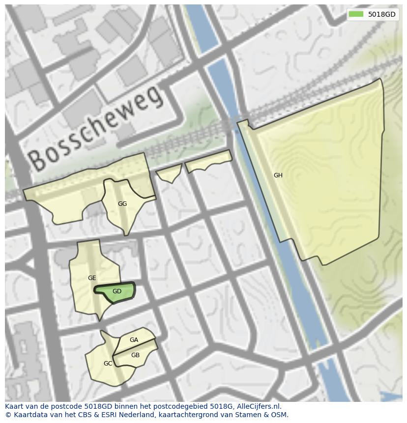 Afbeelding van het postcodegebied 5018 GD op de kaart.