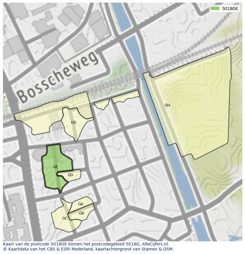 Afbeelding van het postcodegebied 5018 GE op de kaart.