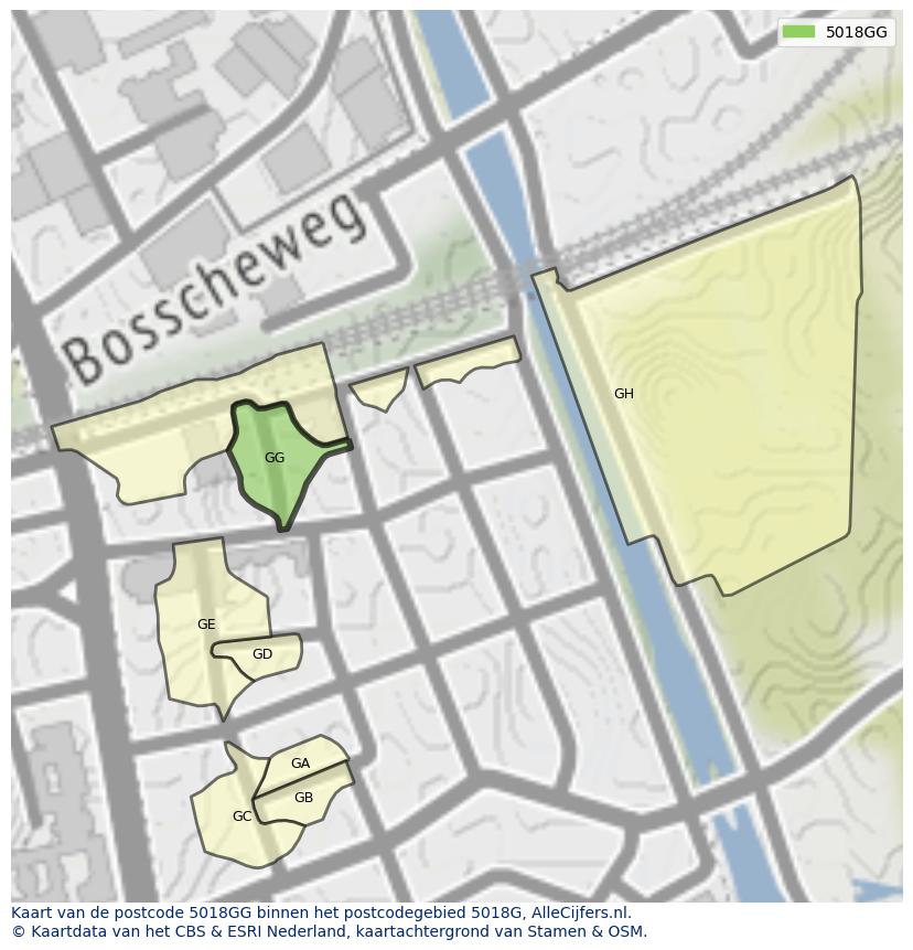 Afbeelding van het postcodegebied 5018 GG op de kaart.