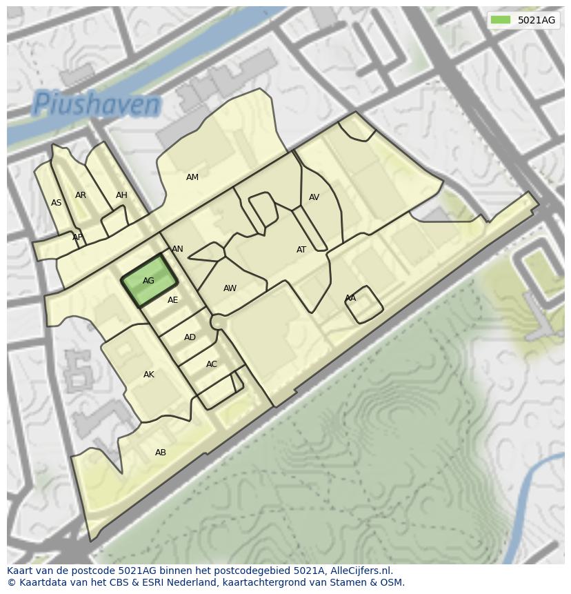 Afbeelding van het postcodegebied 5021 AG op de kaart.