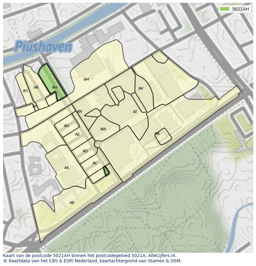 Afbeelding van het postcodegebied 5021 AH op de kaart.